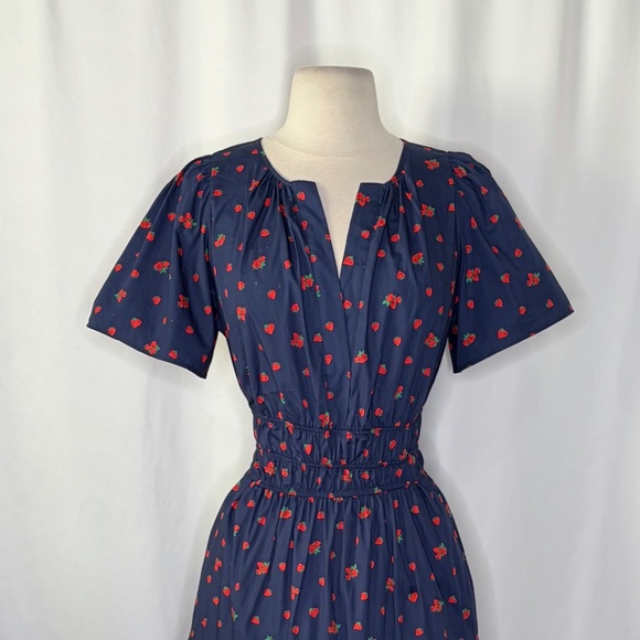 ANTHROPOLOGIE Strawberry Print Smocked Somerset Mini Dress Navy Blue Red Small - Picture 4 of 14